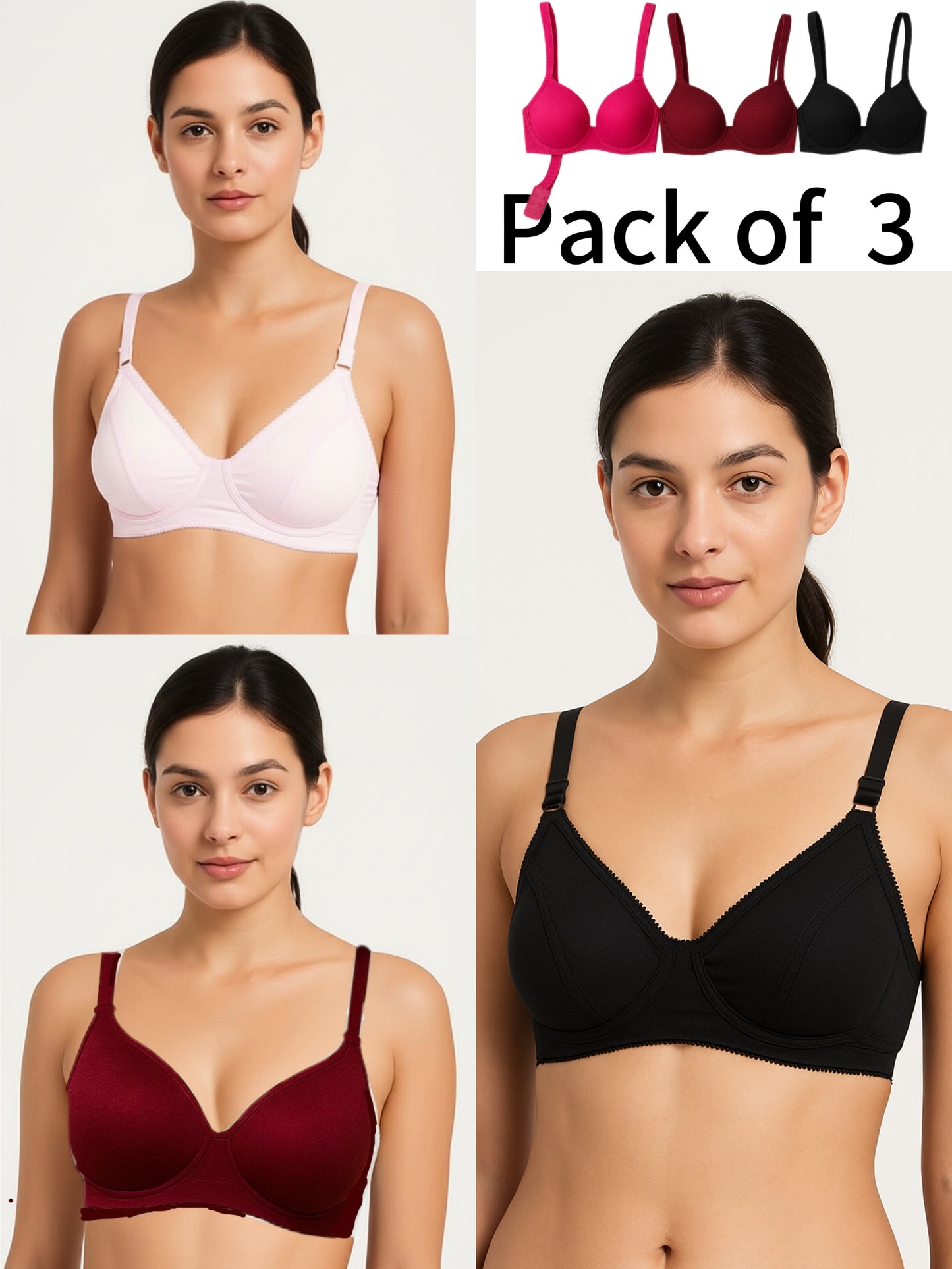 Zivora-Comfortable non-padded bra (pack of 3) different colours